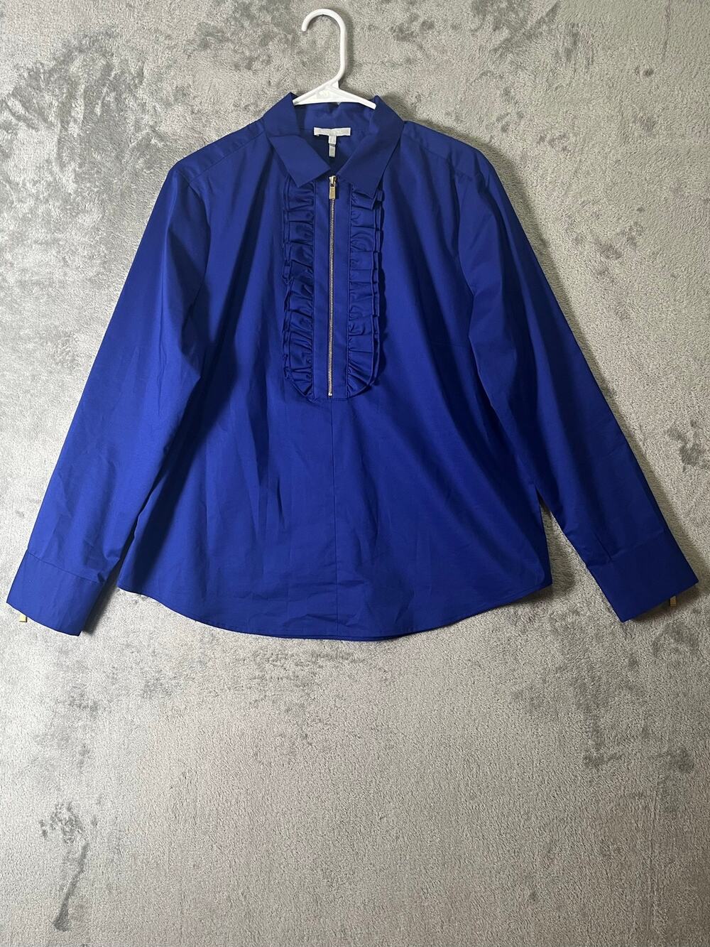 Hinson Wu Women’s Size 1 / US XL Blue Ruffle Zip Front Blouse Classic Minimalist